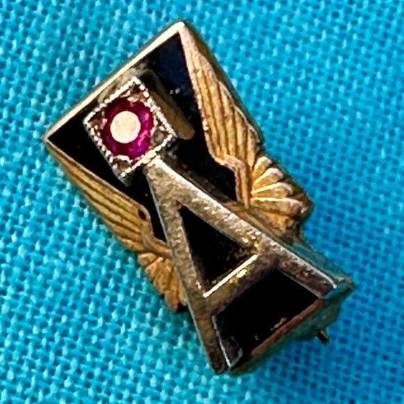3 Vintage Gold  & Enameled Pins Signed KAAG 10K with Gemstones "A" & Wings Motif - Picture 3 of 13